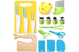 O-KINEE Kit Ustensile Cuisine Enfant - Lot de 17 Avec Couteau Bebe, Planche à Découper et Éplucher - Pour Fruits, Pain, Légumes - Montessori