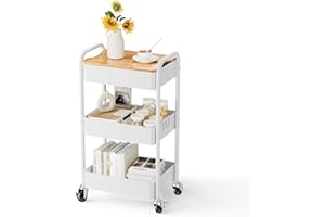 Shrivee Carrito con Ruedas de 3 Niveles con Mesa, Carrito de Servir, Carrito Multiusos de Metal, Estante con Ruedas, Organizador, Estante de Cocina, Carrito Multiusos Estable para Cocina(Blanco)