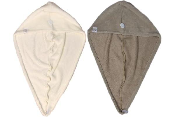 C de B Les cousettes de Bobinette Serviette Cheveux Micro-éponge Bambou x2 - Absorbante et Douce - Séchage Rapide - Turban Cheveux à Fixation par Bouton - Fabrication française (Ecru Cappuccino)