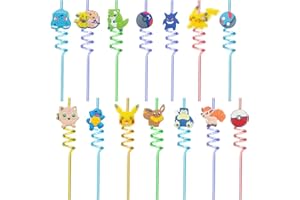 Esteopt 14 sztuk słomek z kreskówki dla dzieci, wielokrotnego użytku, plastikowe słomki, kręcone, kreskówkowe słomki do picia, dekoracja urodzinowa, akcesoria imprezowe