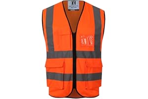 Gemx Hi Vis Vest Class 2 Zipper Front High Visibility Safety Vest Hi Viz Workwear Executive Security Waistcoat with Phone & ID Holder Pockets hi vis jackets vis reflective safety