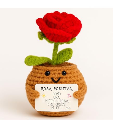 Fiori Artificiali All'Uncinetto – Rosa Blu In Vaso Lavorato A Maglia – Decorazione Fatta A Mano Per Casa E Ufficio – Regalo Originale - 4