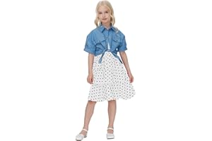 VERVE JELLY Vestido de una pieza de lunares para niñas pequeñas, vestido informal sin mangas con tirantes, falda tutú con volantes y camisa vaquera, conjunto de ropa de 2 piezas