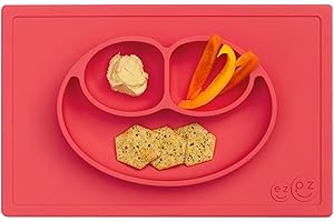 Ezpz Happy Mat (Coral) - 100% Silicone Suction Plate with Built-in Placemat for Toddlers + Preschoolers - Divided Plate - Dishwasher Safe - 24 months+