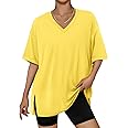 Trendy Queen Oversized Tshirts for Women Workout Plus Size Tops V Neck Short Sleeve Gym Shirts Casual Loose Fit Basic Tees