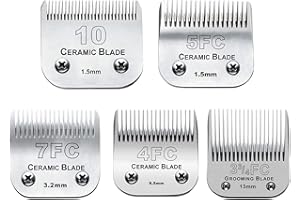 COSYONALL 5PACK Dog Grooming Clipper Replacement Blades Compatible with Andis Pet Clipper/Oster A5/Wahl KM Series Dog Clipper with Ceramic Blade & Stainless Steel Blade (#10+5FC+7FC+3FC+4FC)