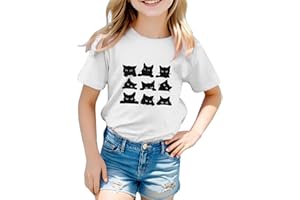 VUNCIO Kids T Shirts Girls Cat Trendy Graphic Cat Round Neck Short Sleeve Teenage Girls Tshirts Comfy Summer Cartoon Cute Casual Athletic Vacation School Tops T-Shirts Age 3-13 Years