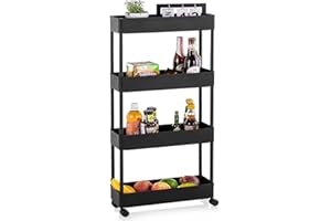 ‎APICIZON APICIZON Rollwagen, Küchenwagen auf Rollen, Rollwagen Schmal für Badezimmer, 40 x 13 x 86.5cm, Waschküche, Schlafzimmer, Büro,Schwarz, 4 Tier Aufbewahrungswagen