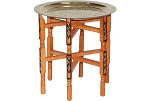 Casa Moro Orientalny stolik kawowy marokański stolik pomocniczy Karam 60 z tacą z mosiądzu Ø 60 cm | składany drewniany stół z tacą do serwowania kolor złoty | TA6063