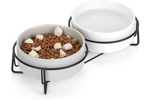 PETTOM Gamelle Chat Céramique Surélevée Double 2x400ml, Bol Chat avec Support Métal Anti Renversement pour Croquette Eau, Blanc+Gris