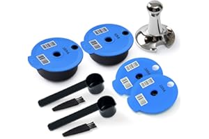 BENFUCHEN Dosettes rechargeables Tas simo 200 + 220 ml + couvercles en silicone supplémentaires 60 + 180 ml, dosettes de café réutilisables Tas simo compatibles avec machine Bosch, avec tamper à café, bleu