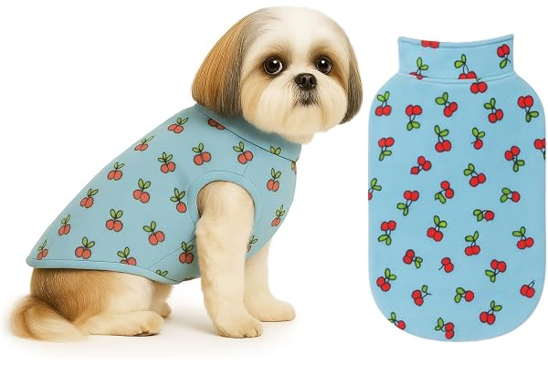 The Pets Company Dog Winter Coat Jacket, Clothes, Windproof, Light Weight, Washable, Ultra Warm Thick Fleece Lined Dog Vest for Cold Weather Protection, (Sky Blue Cherry, Small - 14 Inch)
