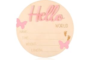 Jfadg Personalized Baby Announcement Board - Wooden Hello World Newborn Name Sign, Custom Birth Plaque for Boys & Girls, Newborn Photo Prop, Nursery Decor