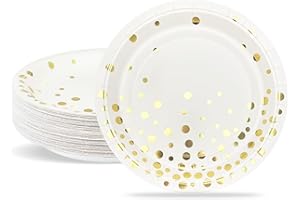 ZVK Assiettes de Fête 23cm en Carton Jetables - Paillettes Dorées, Blanc, 50 Pièces - Vaisselle Jetable pour Baptême, Anniversaire, Mariage