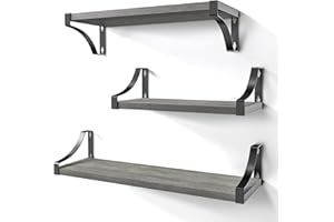 Pipishell Mensola sospesa in Legno massello con Supporto Originale in Legno, 3 Ripiani per pareti con Larghezza di 42/36/29 cm, per Cucina, Bagno, Camera da Letto, Soggiorno, ECC., Colore Grigio