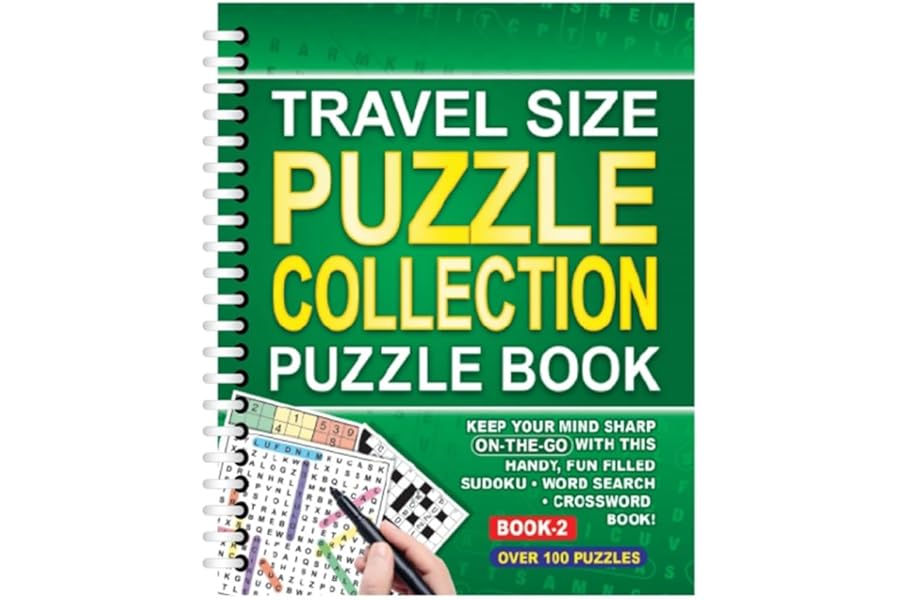 Sixstore A5 Spiral Bound Travel Size 3 in 1 Sudoku, Word Search, Crossword Puzzle Collection Book, Green