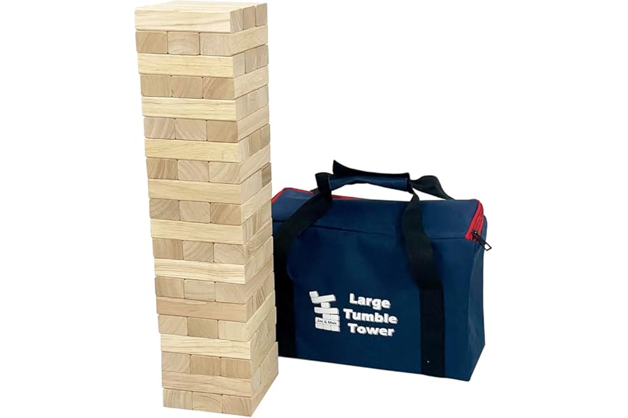 Jac & Mok Tumble Tower Wooden Toppling Blocks Game set,Large Table Top Stacking Games with Carrying Bag (60 pcs Large Tumble Tower, Hardwook Rubber wood)