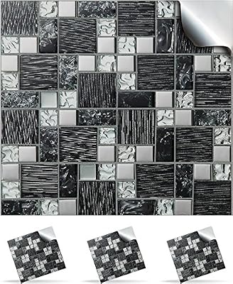 30 Stickers muraux de carrelage mosaïque auto adhésif pour des carreaux de 15cm –(30xTP 71- 6in- Black & Silver Glass)- Transferts de carrelage imprimé avec effet réaliste – Directement du fabricant : Tile Style Decals – Stickers de carrelage an…