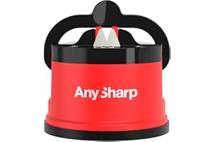 AnySharp Knife Sharpener, Hands-Free Safety, PowerGrip Suction, Safely Sharpens All Kitchen Knives, Ideal for Hardened Steel & Serrated, World's Best, Compact, One Size, Red