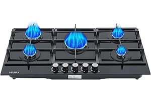 VELPAX Plaque de Cuisson Gaz 5 feuxs, Plaque Gaz 5 feuxs avec Sécurité Thermocouple, Allumage Automatique, Protection d'Extinction, NG/LPG décapotable