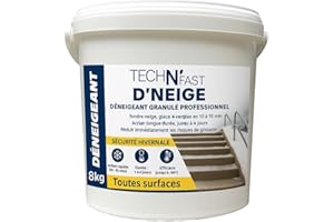 TECH N'FAST Sel de déneigement déglaçant à action rapide et effet longue durée, efficace jusqu'à -50°C - Non agressif pour les animaux et les matériaux - Déneigeant déverglaçant au calcium, Seau 8Kg