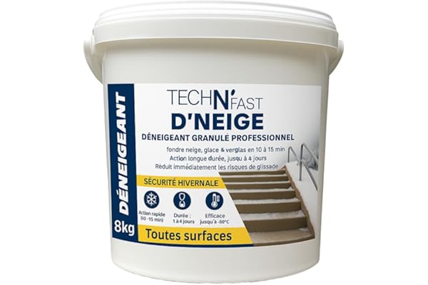 Sel de déneigement déglaçant à action rapide et effet longue durée, efficace jusqu'à -50°C - Non agressif pour les animaux et les matériaux - Déneigeant déverglaçant au calcium, Seau 8Kg
