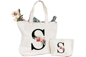 SINEKONG Sac Fourre-Tout en Toile avec Initiale Fleur, Sac Tote bag en Toile Trousse de Maquillage Personnalisés Idéal pour Mariage Anniversaire Plage Vacances, Cadeau Parfait pour Femmes Amis Maman Sœurs (S)