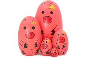 Winterworm Set de 5 lindos huevos en forma de animal con forma de cerdo rosa con corona imperial apilable juguete hecho a mano muñeca rusa para niños juguete cumpleaños