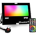 HEKEE LED Floodlight, 50W RGB Colour Changing,DIY Strobe Mode, 120 Colors, Timing, Outdoor Floodlights 5500 Lumens, RGB 2700K Warm White, IP66 Waterproof