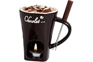 CHANSUNOKKU Schokoladenfondue Tasse Keramik Schokofondue Set, Käseschmelzbecher Mit Teelichthalter Und Gabeln, Schokoladen Schmelztopf Käsefonduetopf Teelichtfondue Schmelztiegel Für Süßigkeiten Butter (Kaffee)