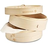 Reishunger Cuocivapore Vaporiera, bambù per Riso (Ø 20 cm, 2 Piani), Dim Sum, Verdure, Pesce e Carne, Inclusi 2 Asciugamani i