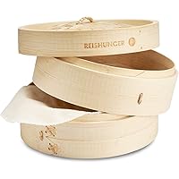 Reishunger Bamboo Steamer Basket Ø 20 cm & 2 Levels incl. 2 Cotton Cloths - Traditional Cooking for Rice, Dim Sum, Vegetables