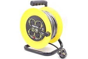 MARCH-ANGLE 15 Metres Four Socket Open Cable Reel Extension Lead with Winding Handle 13A 4 Socket Thermal Out and Power Switch High Visibility Cable