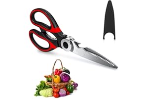 ABERTO 1 PCS of Kitchen Scissors Heavy Duty Stainless Steel Kitchen Scissors with Safety Cover- Meat Scissors - Pizza Scissors - Multi Purpose Shears for Chicken UK Dish Washer Safe (Orange-Black)