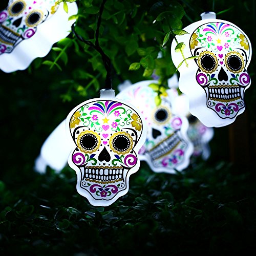 lederTEK 10LEDs Schädel lichtekette Batteriebetrieben Totenkopf Beleuchtung Deko für Halloween Allerheiligen Weihnachten Hochzeit Garten und Party (weiß) - 4