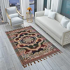 Raghav Pure Cotton Carpet Blue & Cream Colored Floral Large Dhurrie | Dari | Rug for Living Room Dining Room Bedroom Hall School Temple Beside Runner ( 4 Ft X 7 Ft )