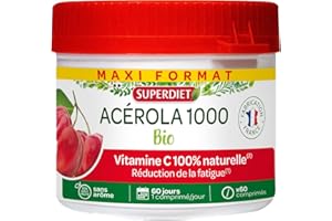 SUPERDIET- ACÉROLA 1000 BIO - Haute concentration en Vitamine C-Réduction de la fatigue -Maxi pot de 60 comprimés à croquer