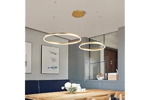 A.1.COO LED Pendelleuchte Esszimmer Metall ring Kronleuchter Höhenverstellbar Wohnzimmerlamp Dimmbar mit Fernbedienung Hängeleuchte Esstisch Pendellampe Acryl Deckenleuchte Hängelampe Küchen,Gold,2 rings