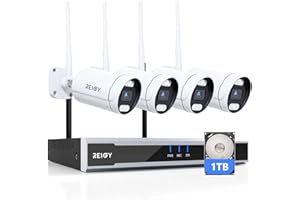 REIGY 5MP Kit Camara de Vigilancia WiFi Exterior con Disco Duro de 1TB, Sistema de Seguridad IP Interior 4X 1920P CAM y 16CH NVR, Visión Nocturna,Audio Bidireccional Detección Movimiento