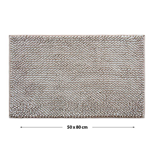 Chenille Badematte Manta | moderner Microfaser Badvorleger in Trendfarben | ÖKO TEX Standard 100 | extra hoch | Komfortgröße 50×80 cm für Badezimmer | Beige – Weiß - 2
