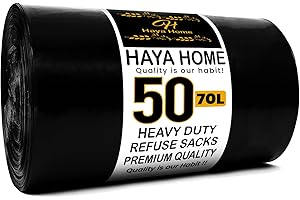 H HAYA HOME Haya Home 70L 50 Black Plastic Bin Bags Heavy Duty Bin Liners, Refuse Sacks Pack of 50 X 1 Heavy Duty Waste Dustbin Bags roll for Kitchen Home Office DIY Garden Made from 100% Recycled Material