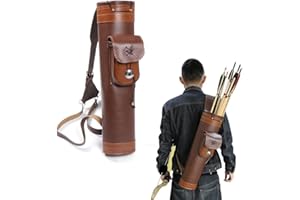 TOPARCHERY Traditional Shoulder Back Quiver Bow Leather Arrow Holder with Large Pouch Handmade Straps Belt Bag Brown