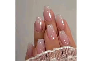 CEBOIC 24 Pièces Faux Ongles Moyen Cercueil, Français Press on Nails Rose Ballerine Ongles à Coller, Acrylique Bâton sur Les Ongles avec Autocollants Adhesif Square Faux Ongles pour Femmes et Filles