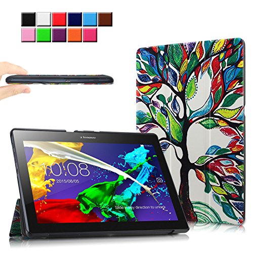 Infiland Lenovo Tab 2 A10-70 / Tab 2 A10-70L / Tab 2 A10-70F / Tab 2 A10-30F / Tab 2 A10-30L / Tab 3 10 Business/ Tab3 10 Plus Hülle Case, Ultra Dünn Tri-Fold Smart-Muschel PU Leder Schutzhülle für Lenovo Tab 2 A10-70 / Tab 2 A10-30 / Tab 3 10 Business/ Tab3 10 Plus 10,1 Zoll Tablet (mit Auto Schlaf / Wach Funktion)(Fröhlicher Baum)