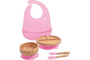 Love Earth ® - Bamboo Baby Weaning Set – 5 Piece Baby Weaning Set Including Suction Plate, Bowl, Spoons, and a Silicone Bib – Eco-Friendly Weaning Set for Babies from 3 Months to 6 Years (Pink)