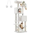 Feandrea Cat Tree, 61-Inch Cat Tower for Indoor Cats, Plush Multi-Level Cat Condo with 5 Scratching Posts, 2 Perches, 2 Caves, Hammock, 2 Pompoms, Cream White UPCT192T01