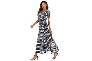 HAOLEI Maxi Dresses for Women UK Sale Clearance Polka Dot Short Sleeve Summer Dresses with Belt Evening Party Holiday Elegant Ladies Wedding Guest Dress Beach Boho Hawaiian Dress Sundress Long Dresses
