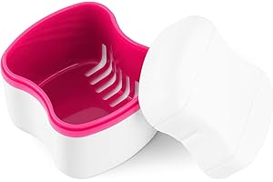Annhua Denture Box Plastic Retainer Case with Draining Basket, Large Denture Bath for Soaking and Cleaning Dentures, Portable Retainer Box for Outdoor and Travelling - Pink