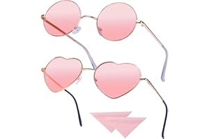 2 Paires Lunettes de Soleil Hippies Lunettes en Forme de Coeur et Rétro Rondes pour Accessoire Déguisement Hippie Vintage Lunettes avec 2pcs Chiffons de Nettoyages, Cadre Or Rose