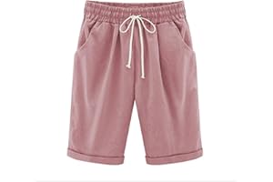 Petalum Women's Casual Summer Shorts Drawstring Elastic Waist Knee Length Curling Jersey Bermuda Shorts